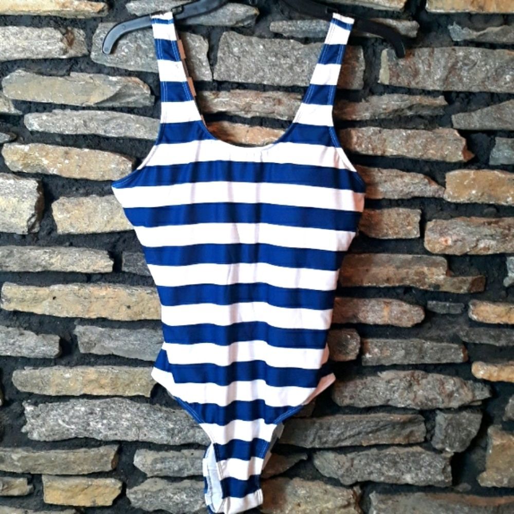 NWT 1 piece bathing suit blue and white stripes